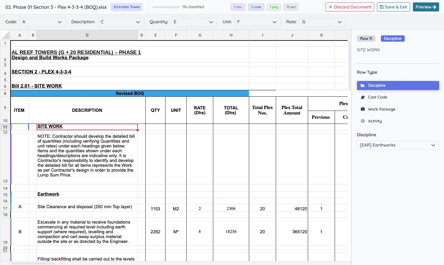 BOQ spreadsheet opened in the Mismar BOQ classifier, with each row tagged by discipline, cost code, work package and activity