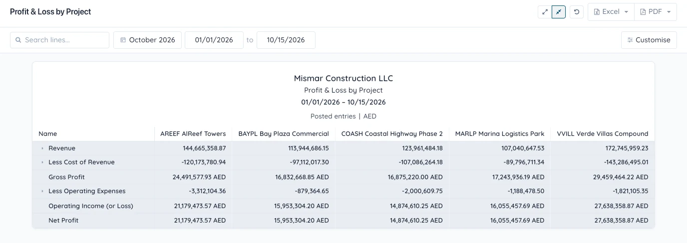 Profit and loss by project, with revenue, cost of revenue, gross profit and net profit for each project side by side